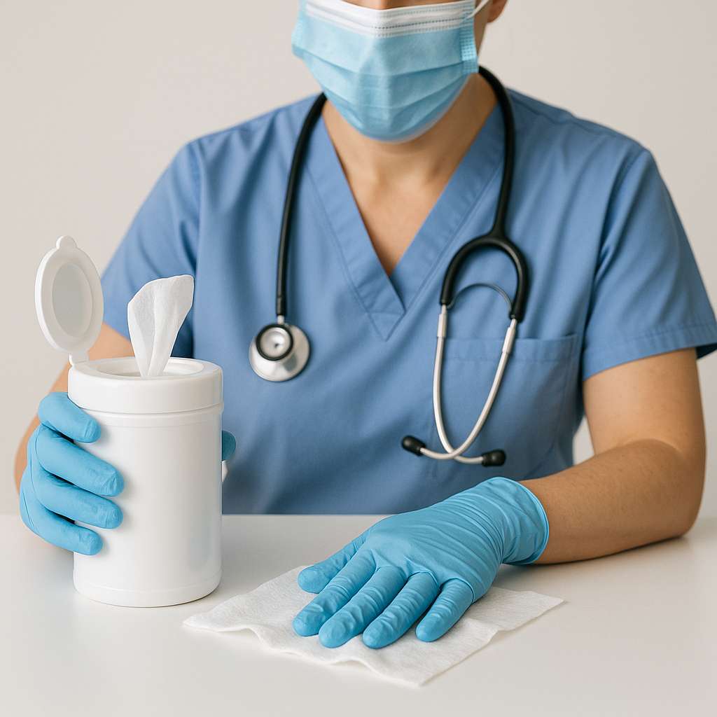 Medical professional with nitrile gloves and disinfectant wipes used in dental clinics across Ontario.