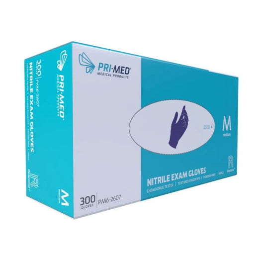 Box of Pri-Med nitrile exam gloves on a white background